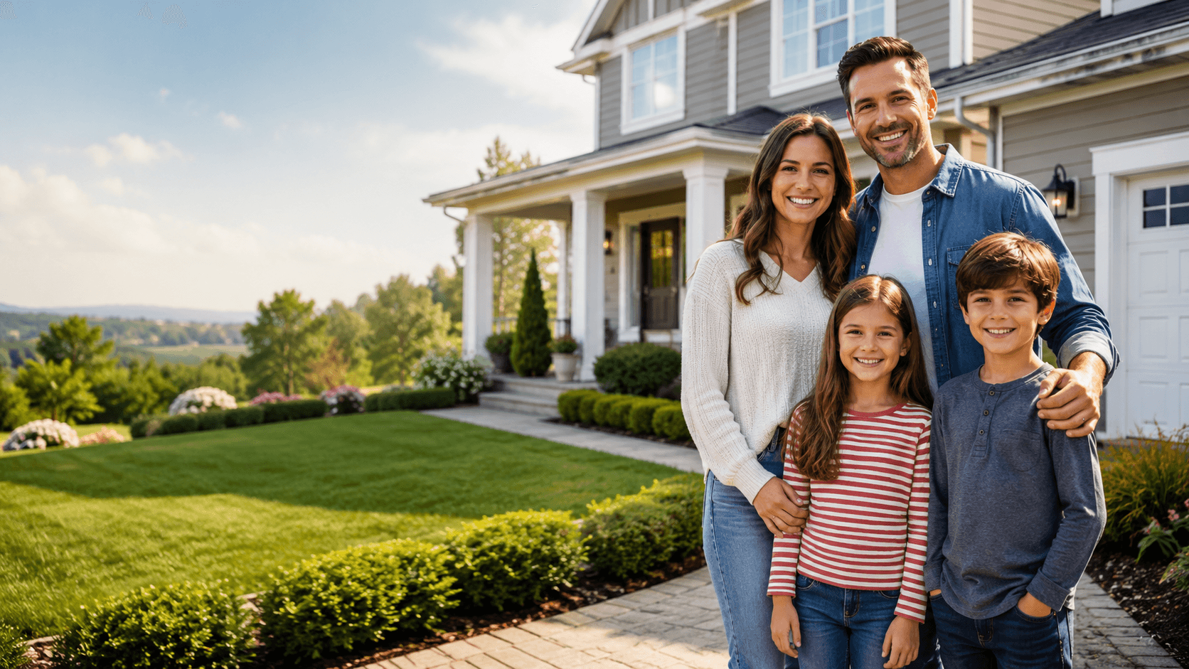 A family of four smiling outside their home